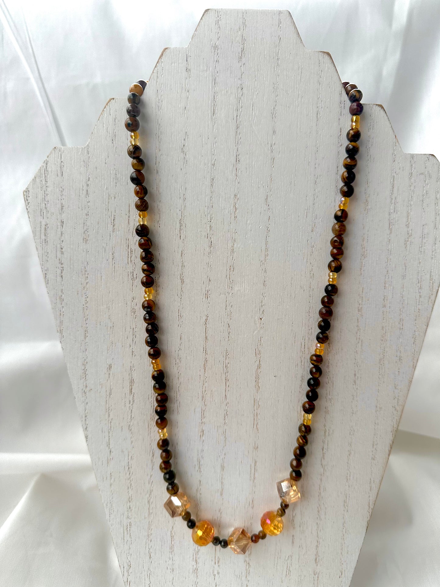 Amber Lampwork Glass and Natural Stone Yellow Tiger Eye Necklace