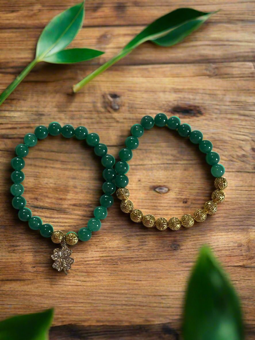 Green Aventurine Bracelets With 4-Leaf Clover Charm