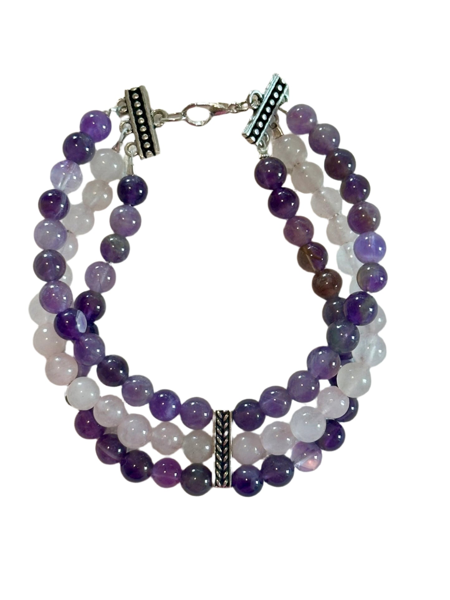 Three Strand Amethyst and Rose Quartz Bracelet