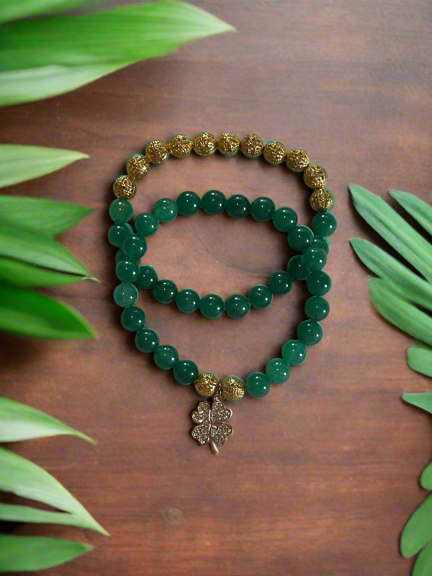 Green Aventurine Bracelets With 4-Leaf Clover Charm