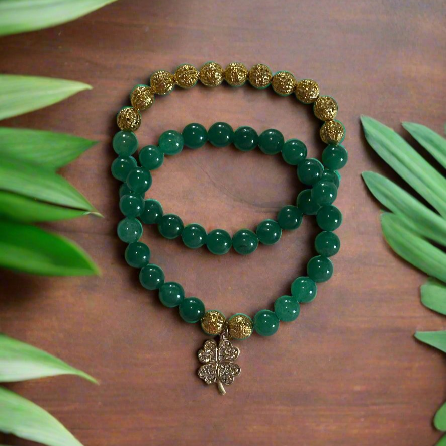 Green Aventurine Bracelets With 4-Leaf Clover Charm