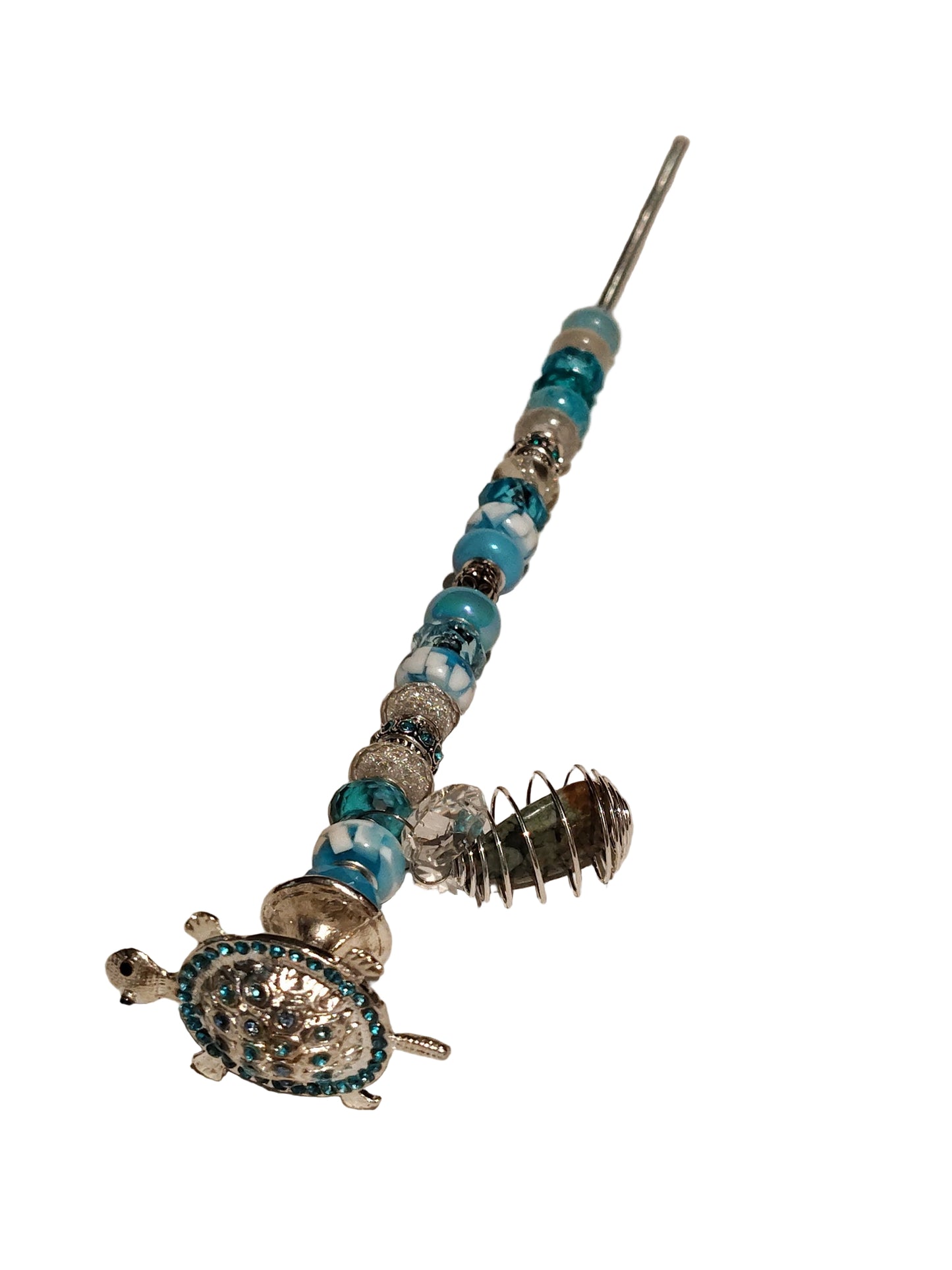 Fairy Wand Garden Stake in Blue With a Turtle Top and Rainforest Rhyolite Charm