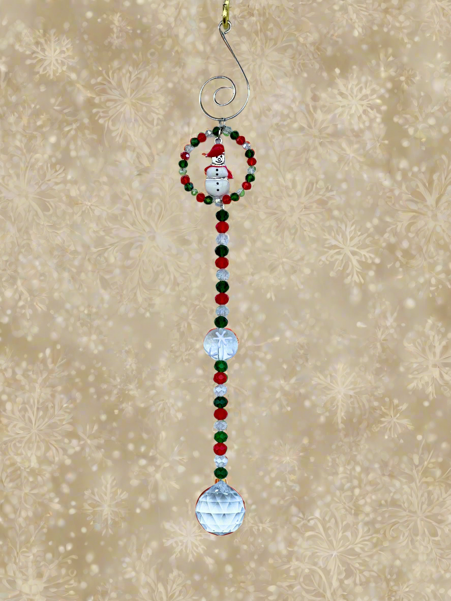 Green, Red and Clear Crystal Christmas Ornament With Snowman Charm