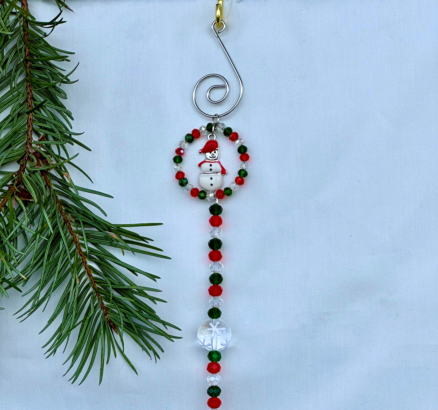 Green, Red and Clear Crystal Christmas Ornament With Snowman Charm