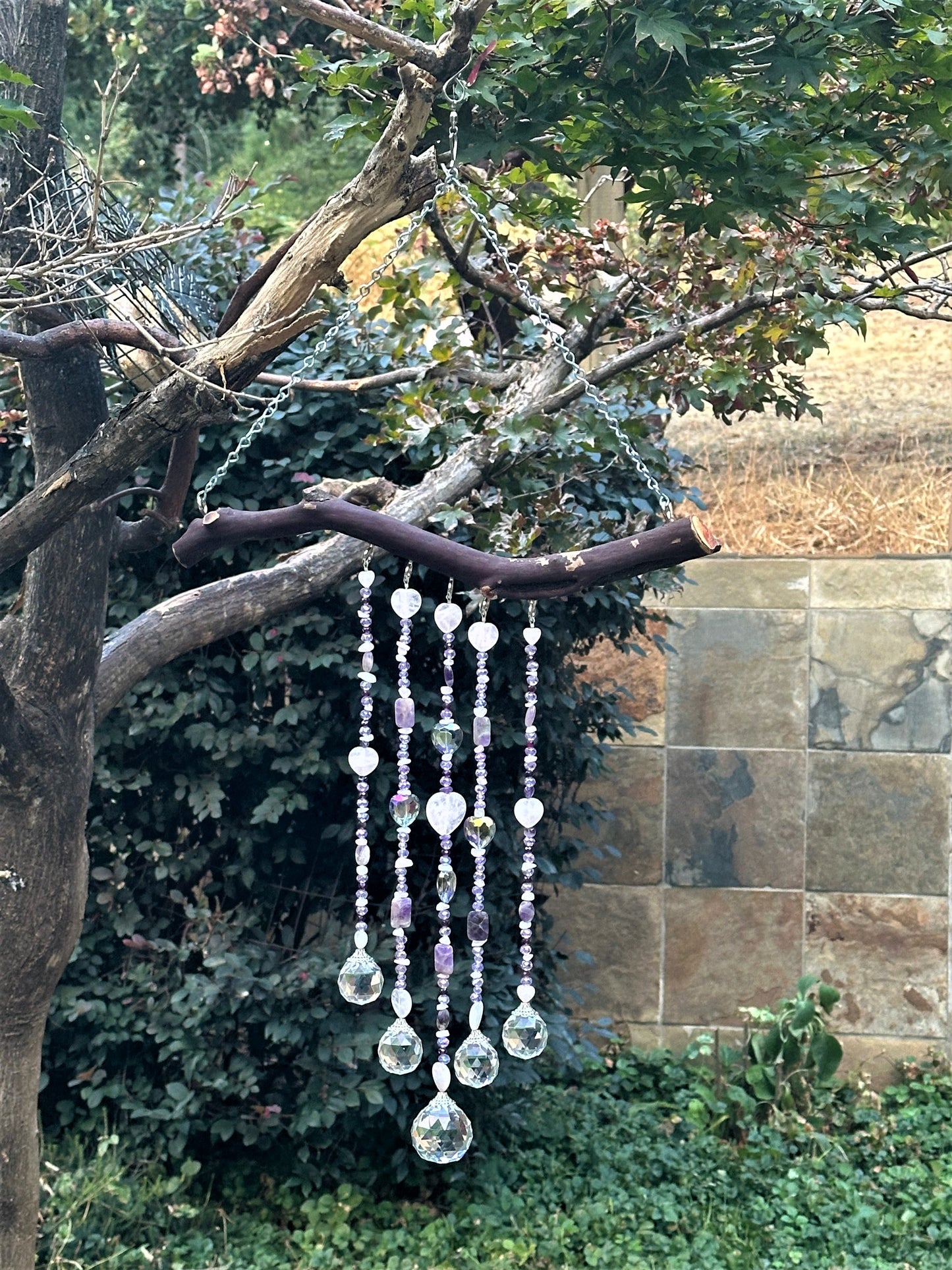 Amethyst and Rose Quartz Five String Suncatcher Mobile