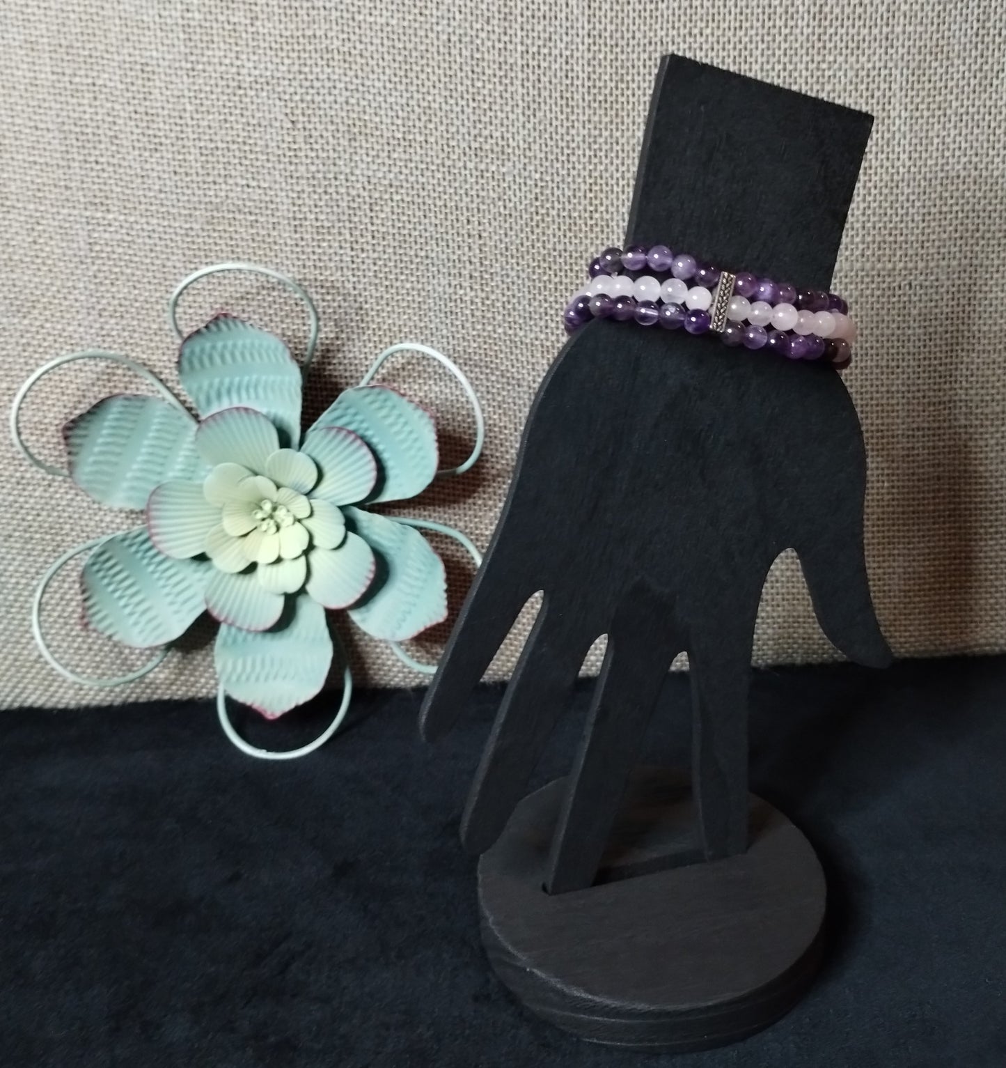 Three Strand Amethyst and Rose Quartz Bracelet