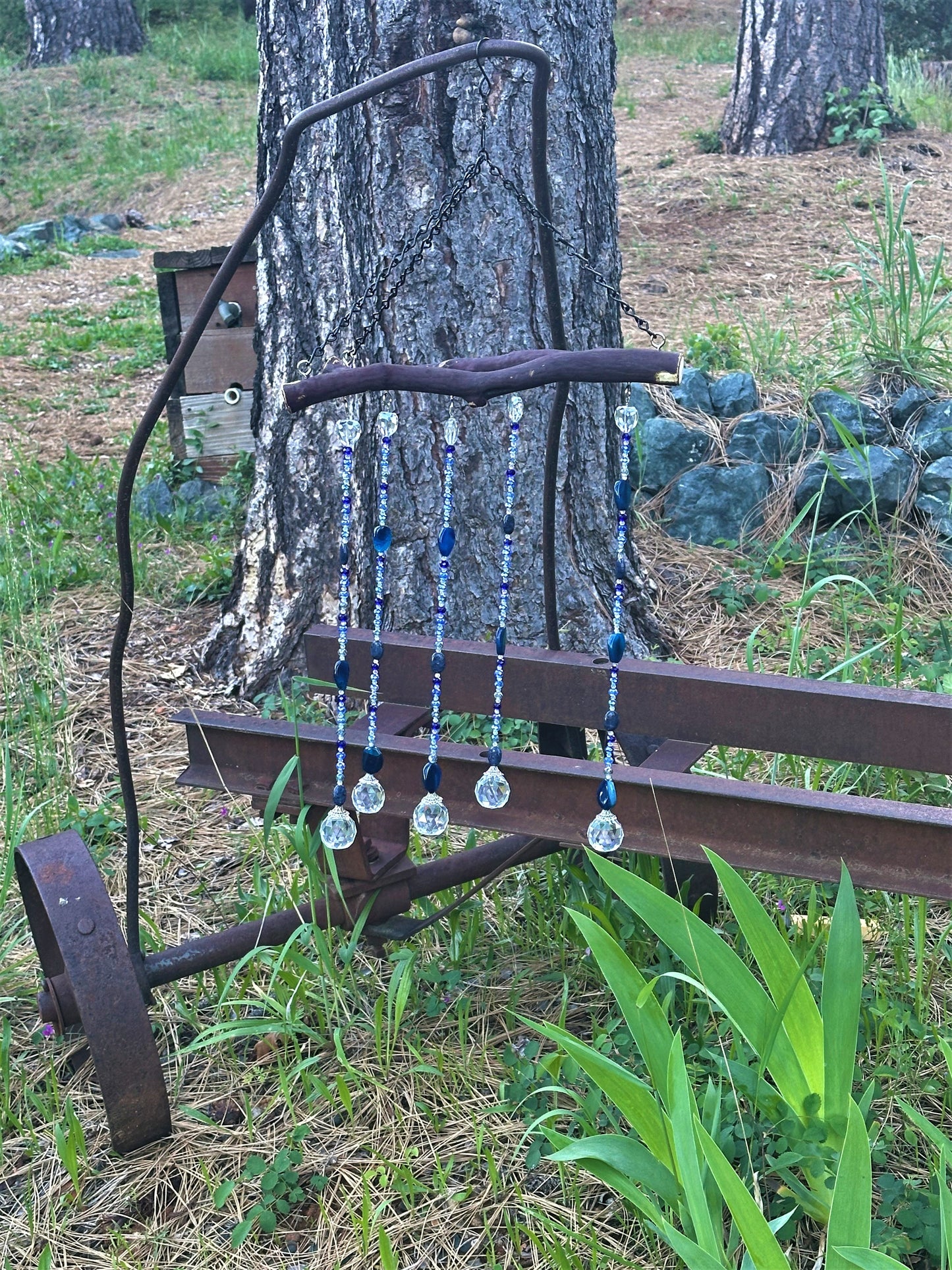 Five String Blue and Gray Suncatcher Mobile on Manzanita Wood