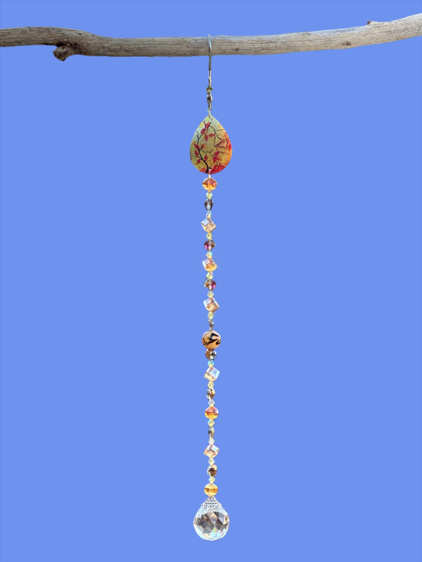 Amber and Glass Lampwork Suncatcher With Teardrop Autumn Topper