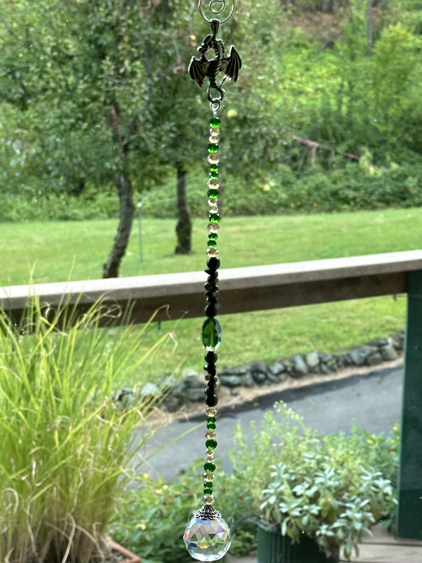 Silver Dragon Suncatcher with Dragon's Blood Natural Stone Beads