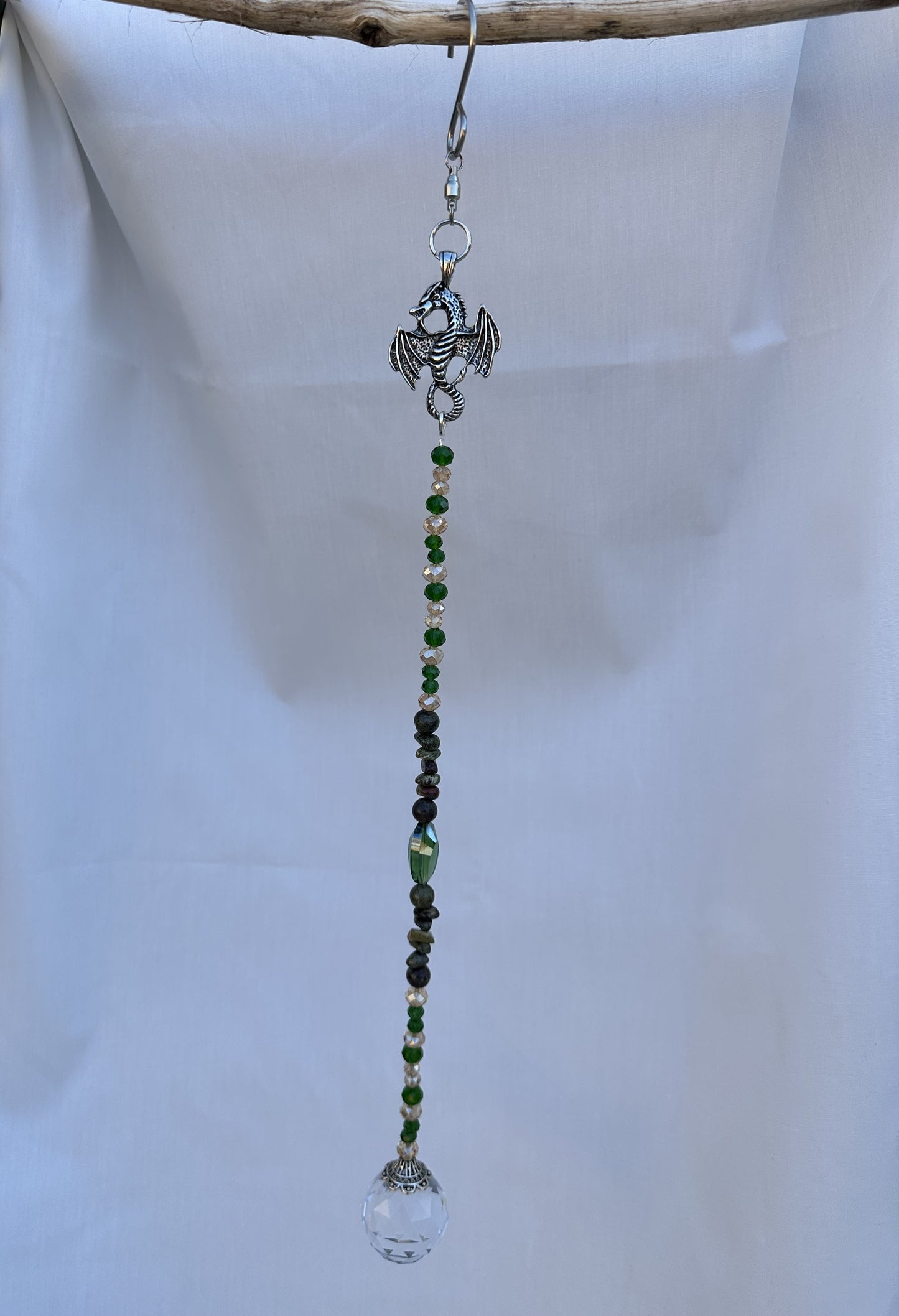 Silver Dragon Suncatcher with Dragon's Blood Natural Stone Beads