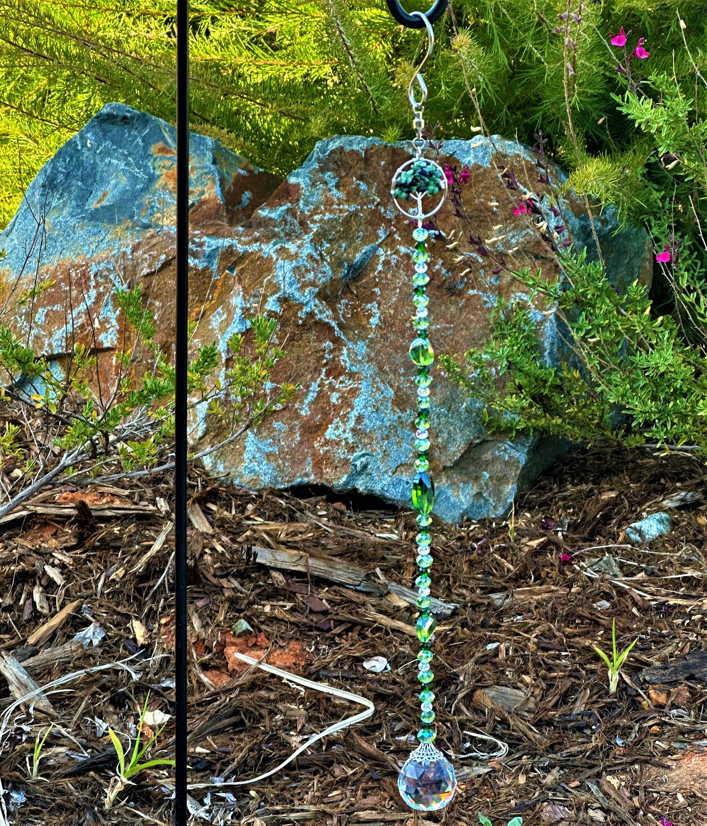 Epidote Tree of Life Suncatcher with Green and Clear Faceted Glass Beads