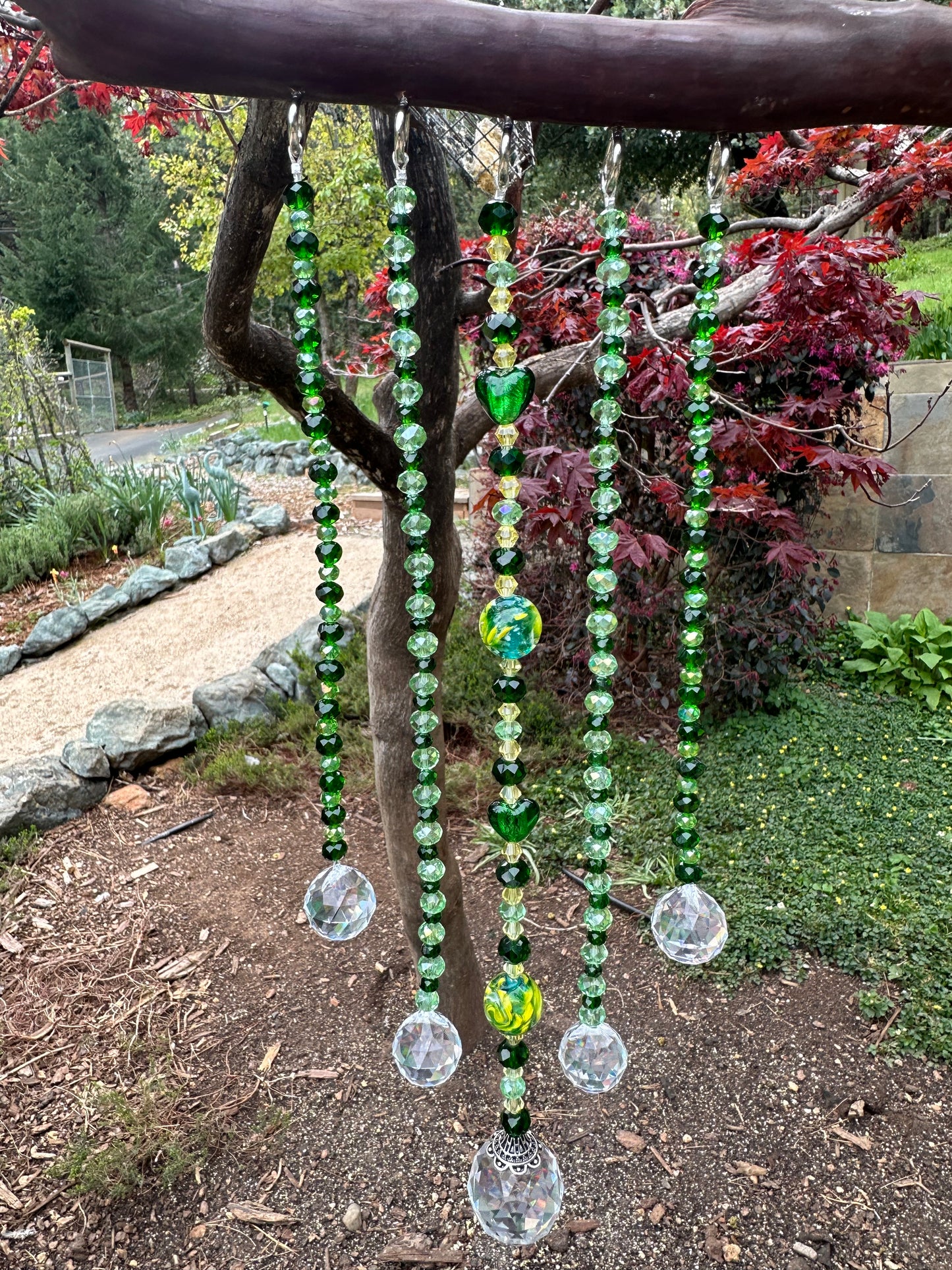 Five String Suncatcher Mobile on Manzanita Wood Featuring Green Glass Lampwork Beads and Multi-Color Green and Yellow Glass Crystal Beads