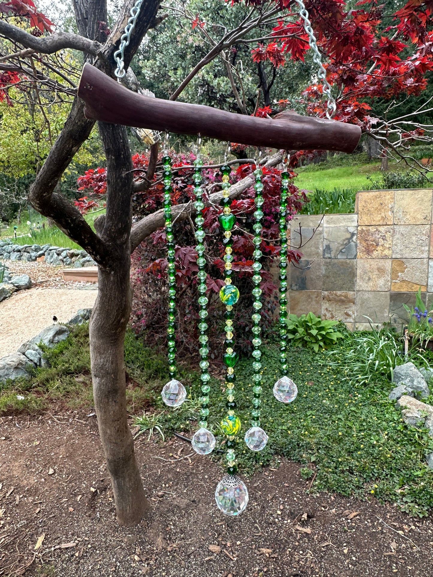 Five String Suncatcher Mobile on Manzanita Wood Featuring Green Glass Lampwork Beads and Multi-Color Green and Yellow Glass Crystal Beads