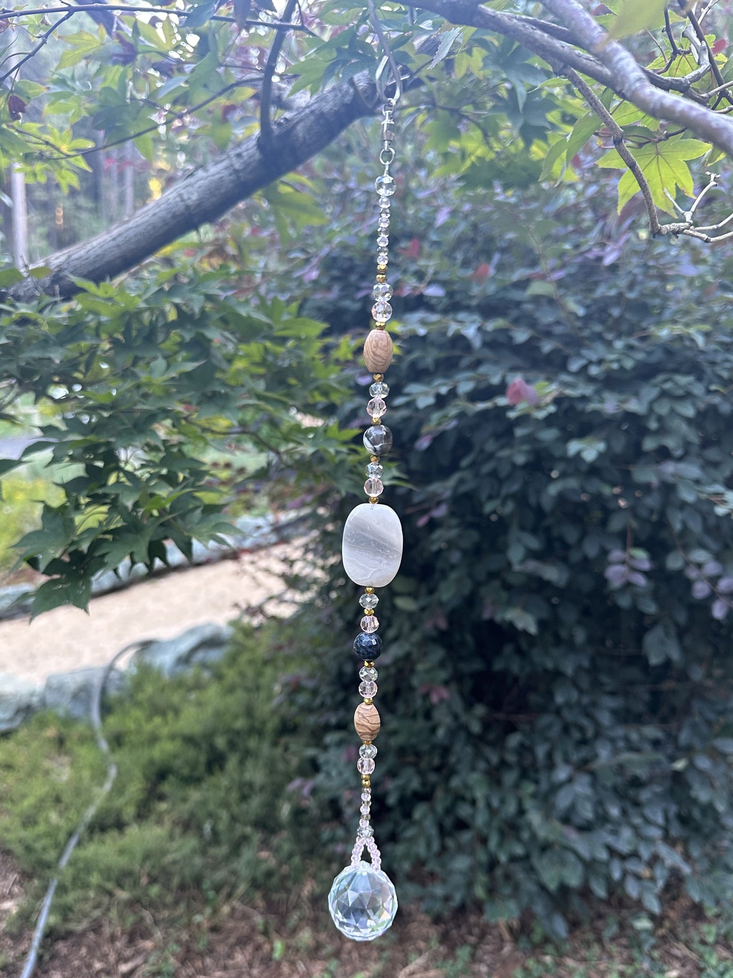 Gray Agate & Crystal Glass Suncatcher with Ceramic Accents