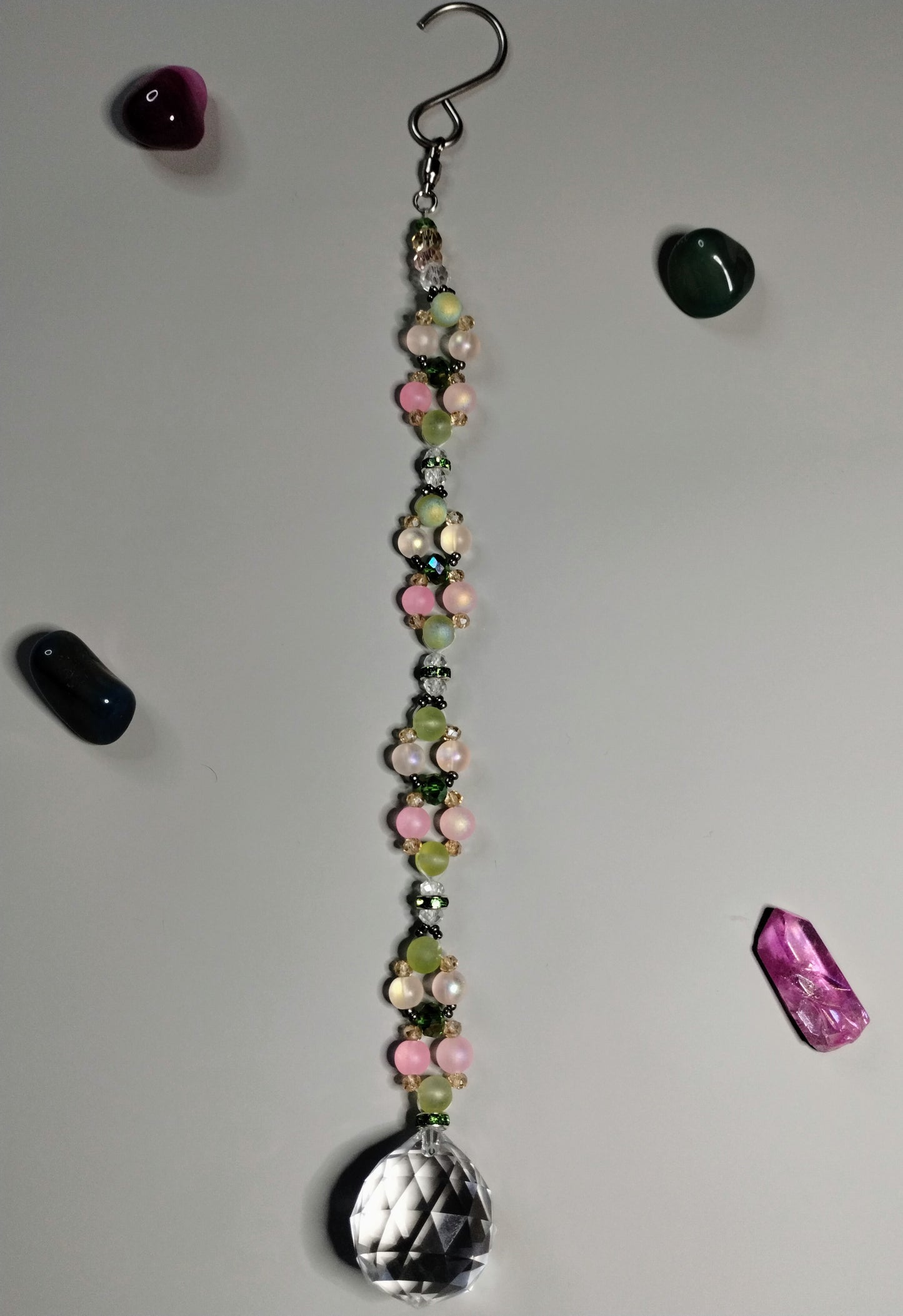 Light Green, Pink and White Glass Beaded Suncatcher
