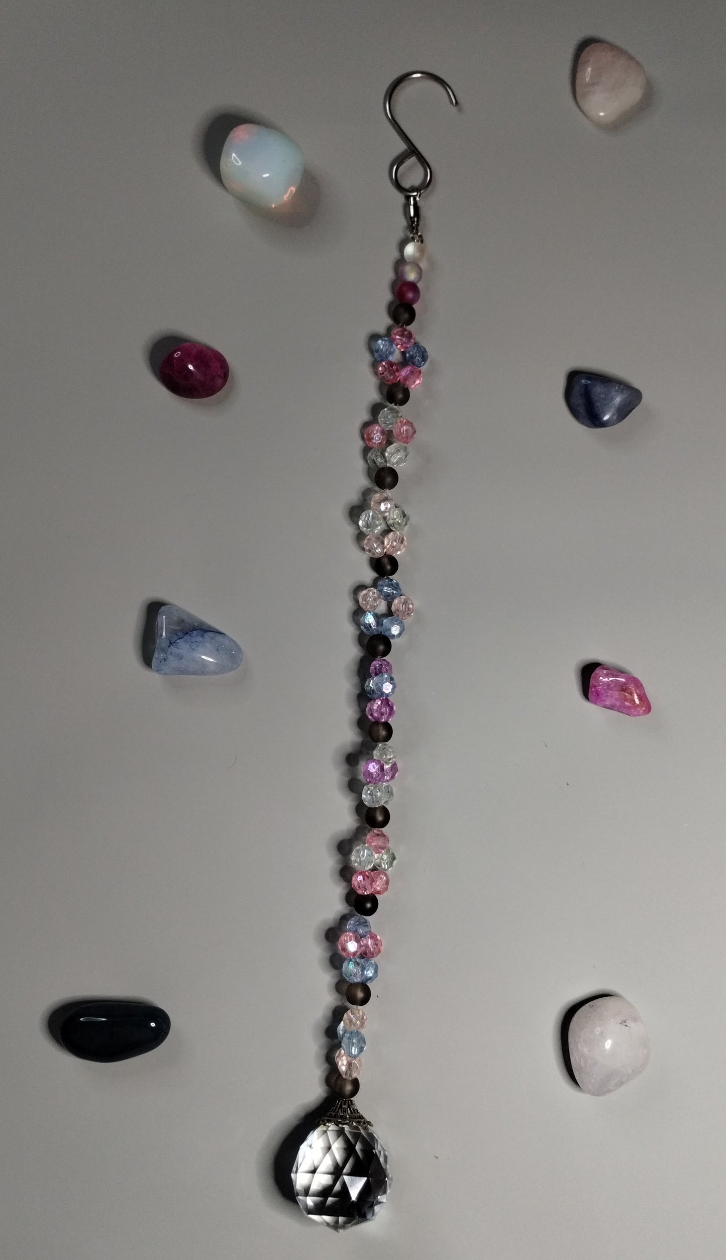 Clear, Blue, and Pink Glass Suncatcher With Cherry Quartz Accents
