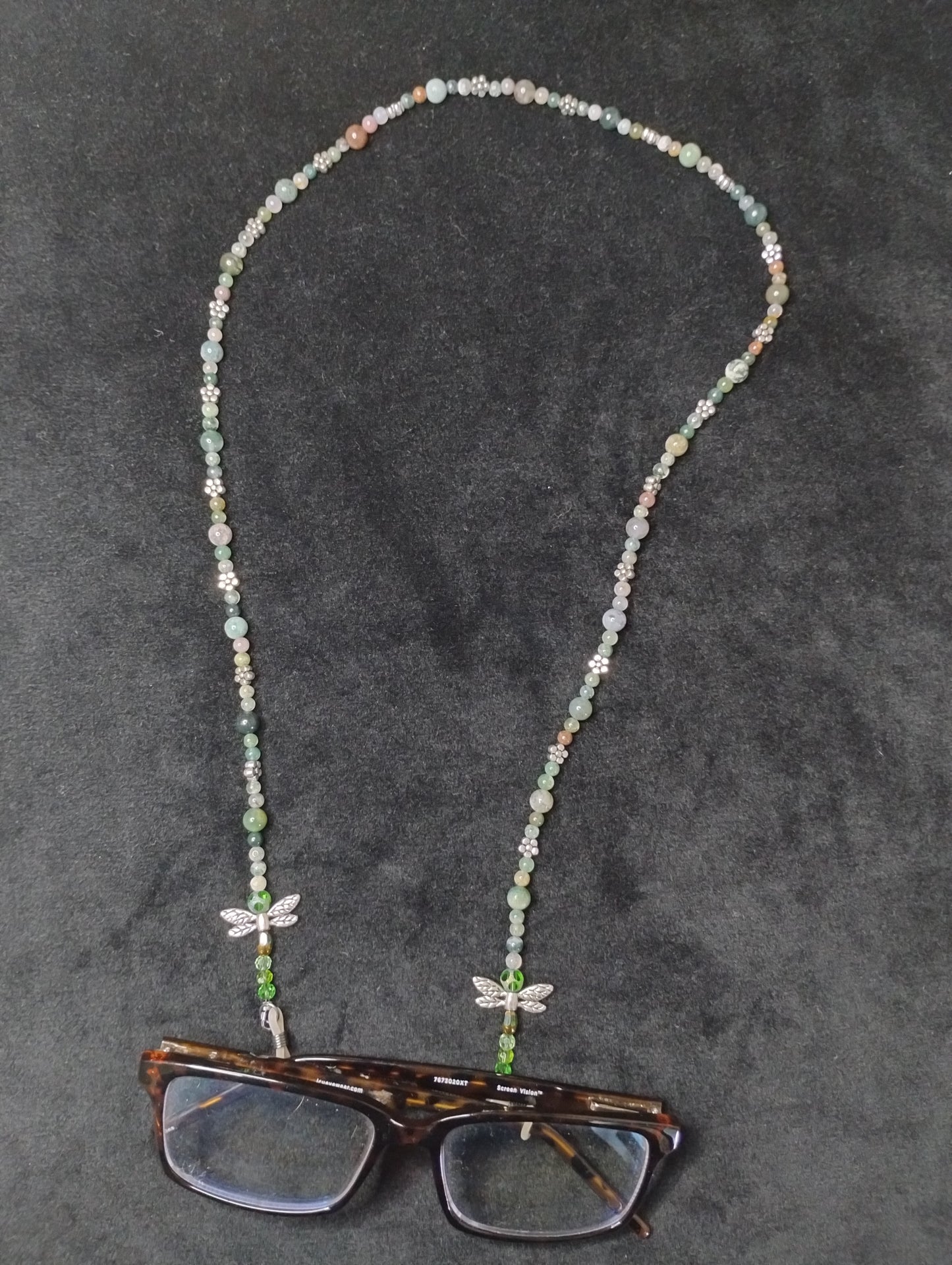 Fancy Jasper Eyeglass Holder Accented with Silver Flowers and Dragonflies