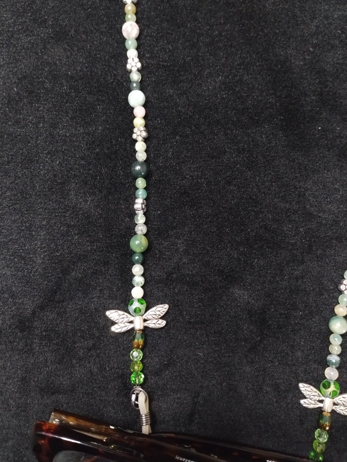 Fancy Jasper Eyeglass Holder Accented with Silver Flowers and Dragonflies