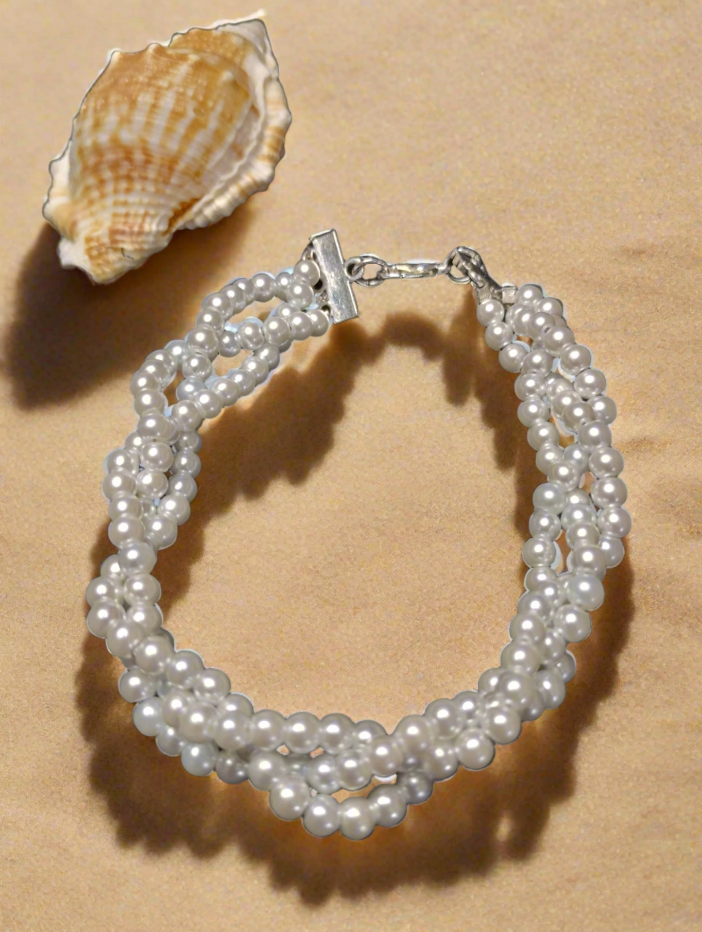 Three-Strand White Glass Pearl Bracelet