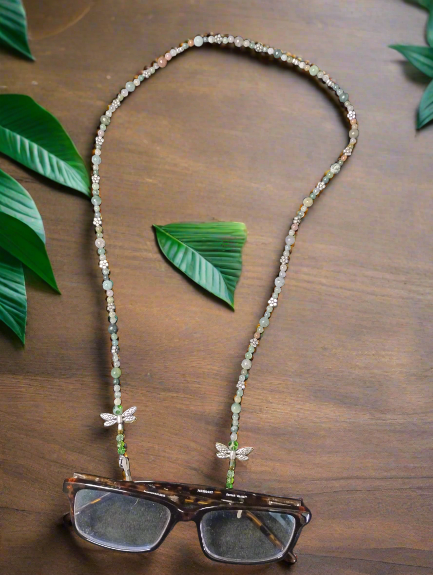 Fancy Jasper Eyeglass Holder Accented with Silver Flowers and Dragonflies