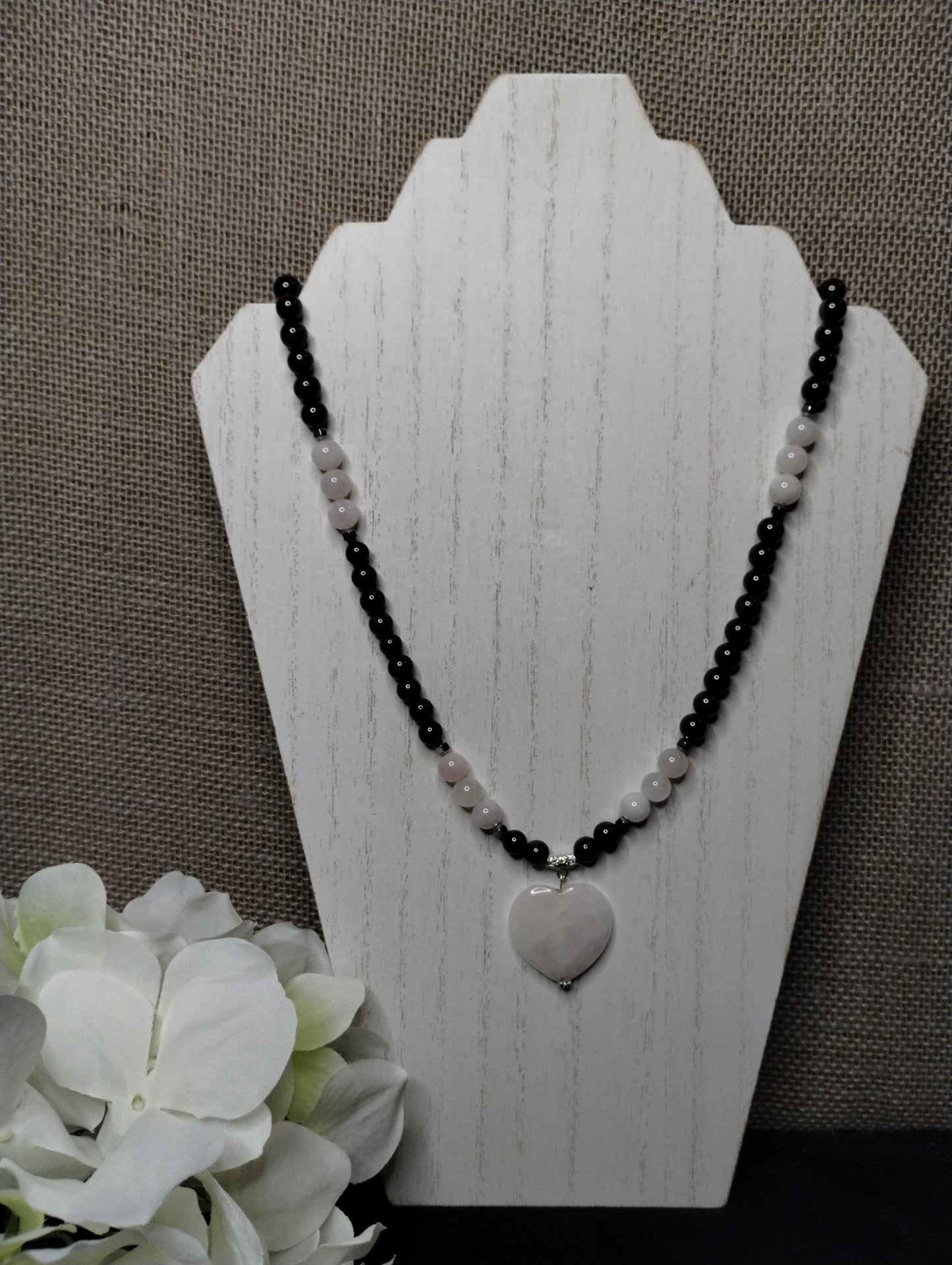 Chinese Garnet and Rose Quartz Necklace with Rose Quart Heart Pendant