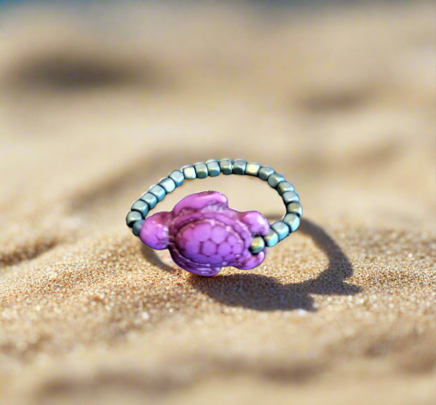 Aqua Luster Hematite and Turtle Stretch Ring