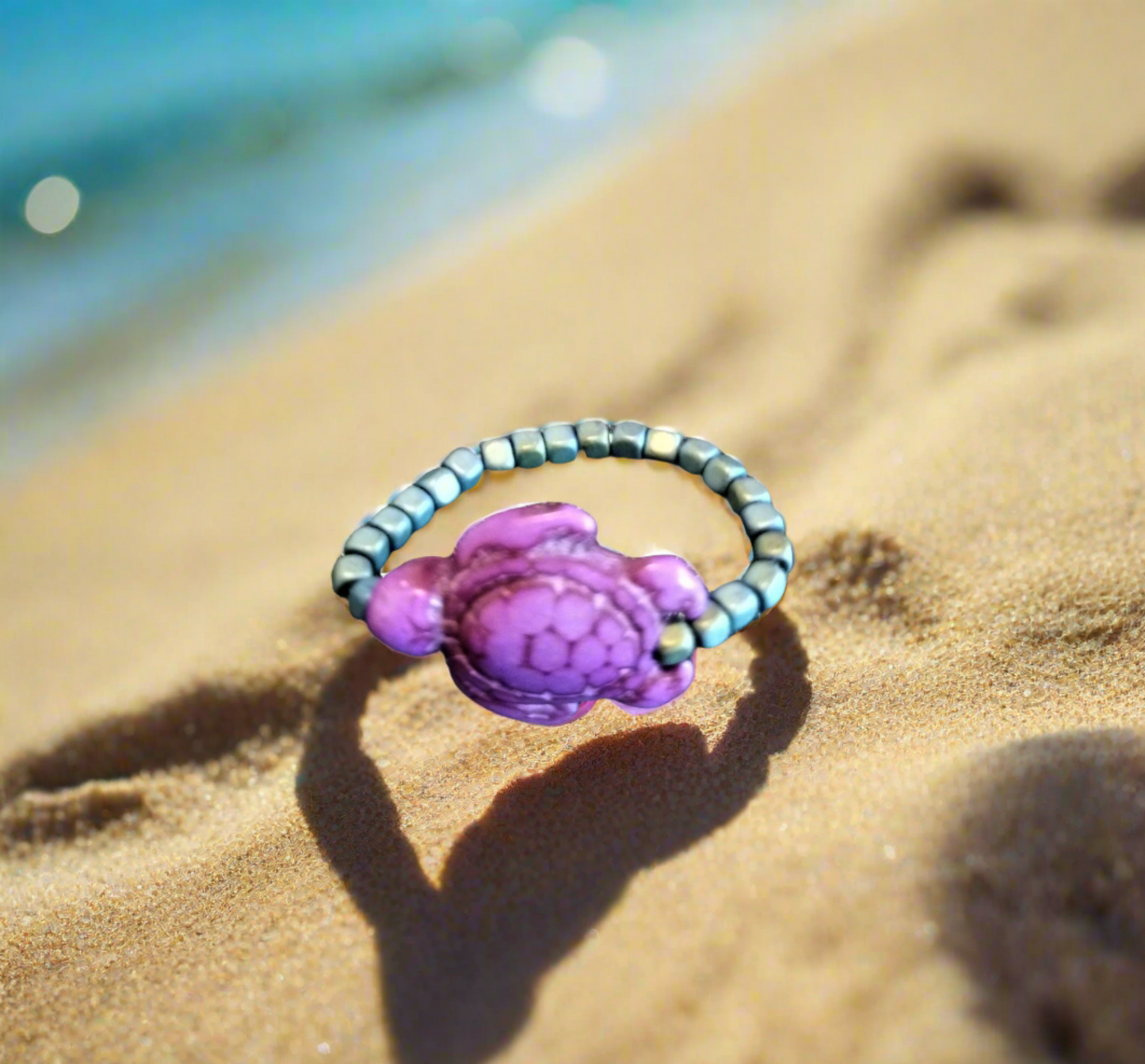 Aqua Luster Hematite and Turtle Stretch Ring