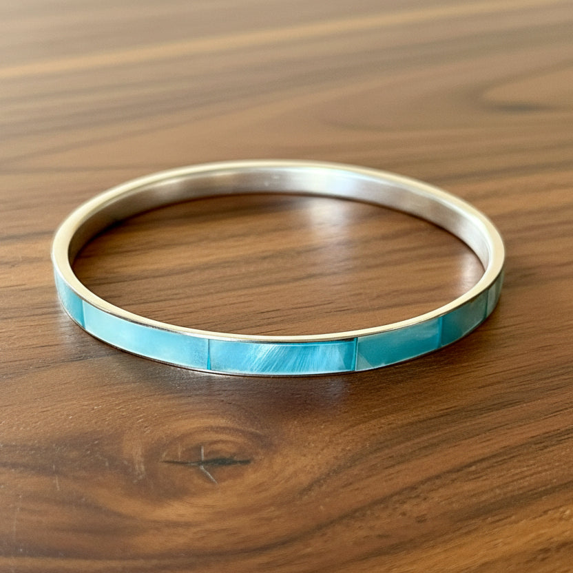 Vintage Blue Mother-of-Pearl and Brass Inlaid Bangle Bracelet