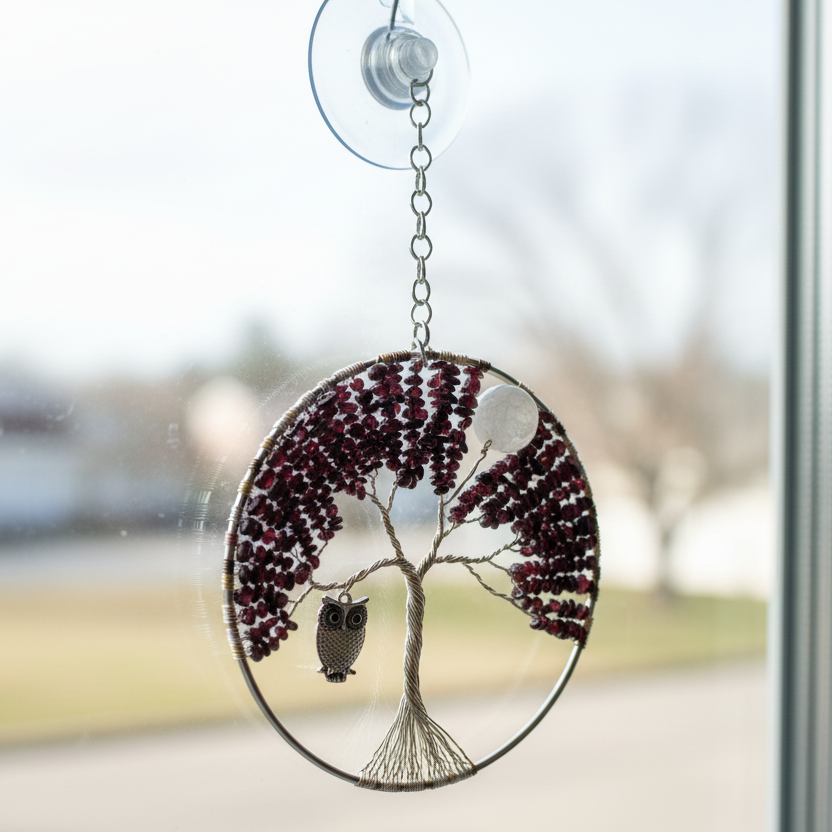 Garnet, Quartz, Silver, Gold & Antique Brass Tree of Life - 5-Inch Window/Wall Hanging