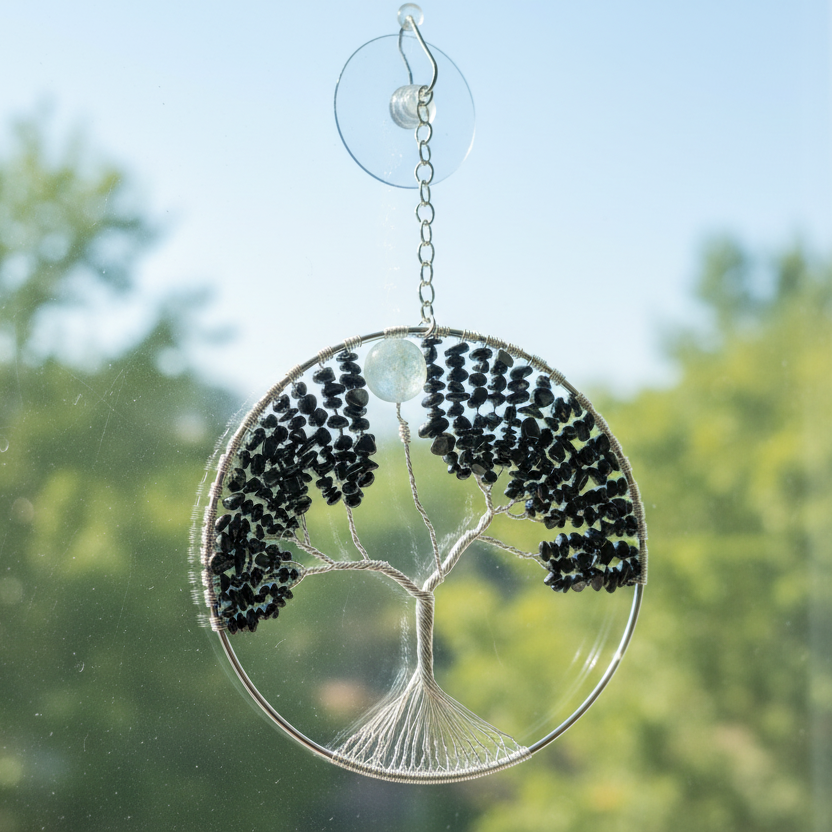 Black Jasper, White Quartz & Silver Tree of Life - 6-Inch Window/Wall Hanging