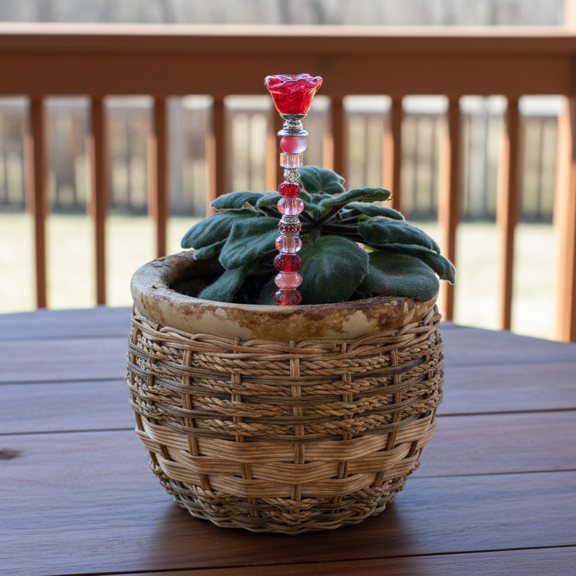 Red Fairy Wand Garden Stake with Crystal Rose