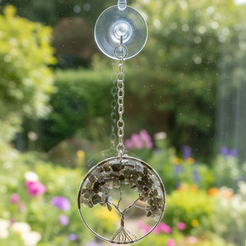 Labradorite, Silver and Antique Brass Tree of Life 3-Inch Window/Wall Hanging