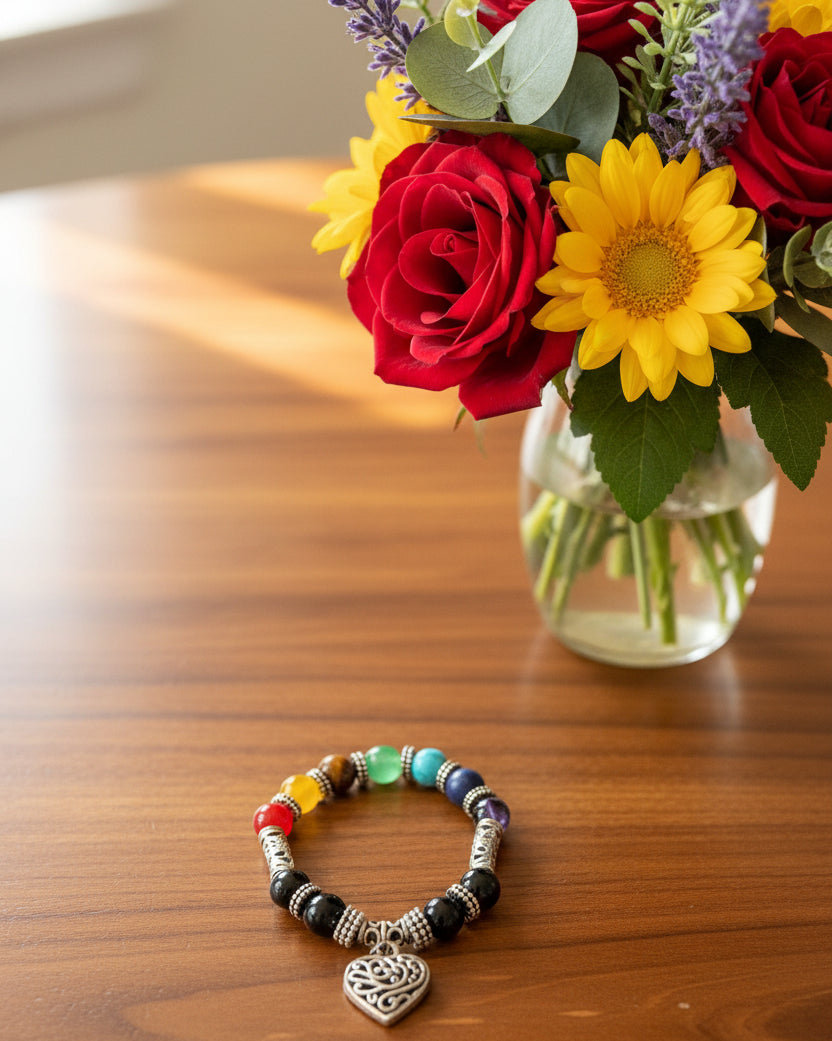 Mixed Gemstone Bracelet with SIlver-Plated Heart Charm