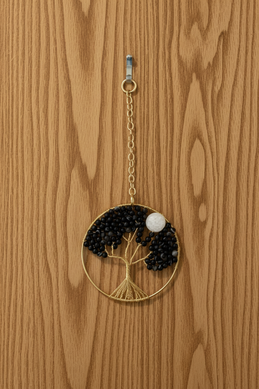 Matte Black Striped Agate, White Quartz and Gold Tree of Life - 3-Inch Window/Wall Hanging