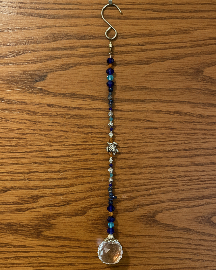Blue and Orange Faceted Glass Suncatcher WIth Sea Turtle and Natural Stone Accents