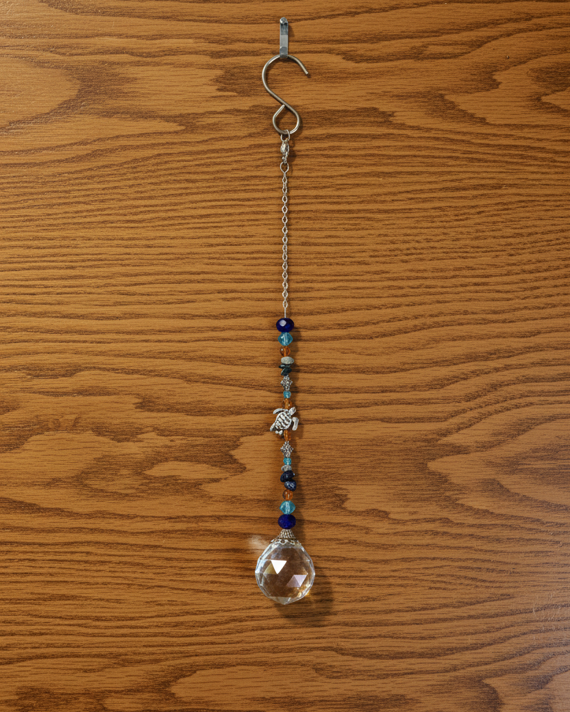 Blue and Orange Faceted Glass Suncatcher WIth Sea Turtle and Natural Stone Accents