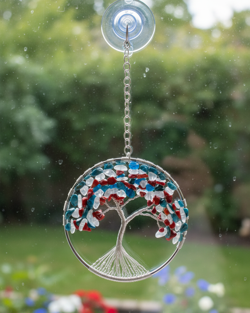 Red Coral, White Quartz and Blue Apatite Tree of Life - 4-Inch Window/Wall Hanging