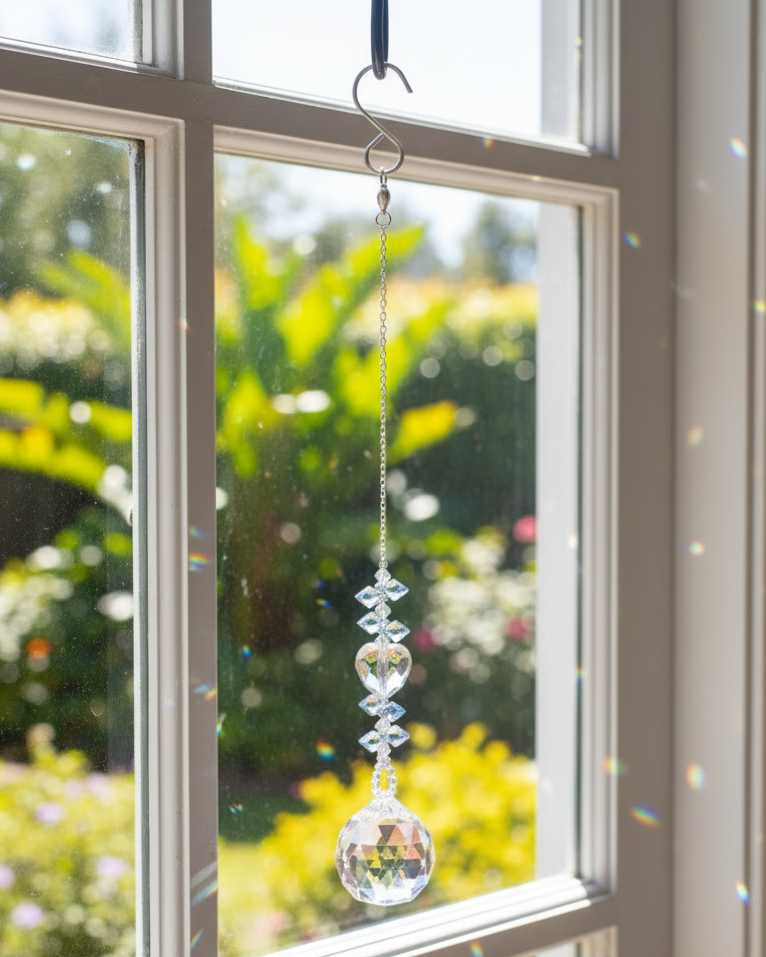 Light Blue Faceted Glass and Clear Crystal Heart Suncatcher With a 40mm Crystal