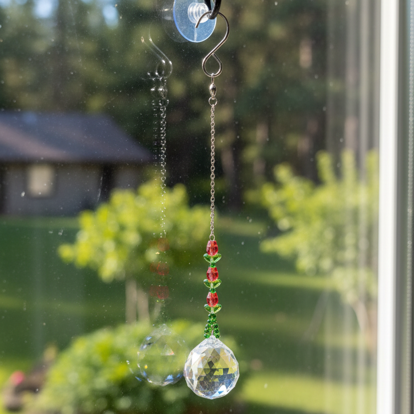 Red Glass Tulip Suncatcher with 40mm Crystal Prism – 11" Hanging Window or Patio Decor