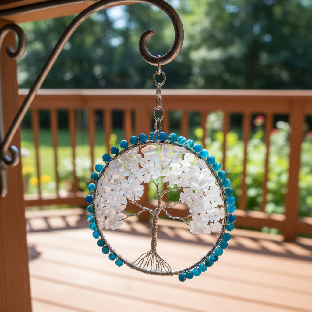 Blue Striped Agate, White Crackled Quartz & Silver Tree of Life 4-Inch Window/Wall Hanging