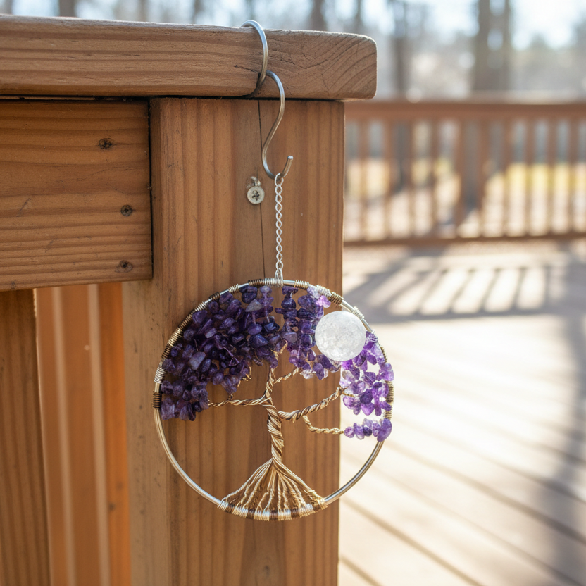 Amethyst, White Crackle Quartz & Mixed-Metal Tree of Life – 4-Inch Wall/Window Hanging