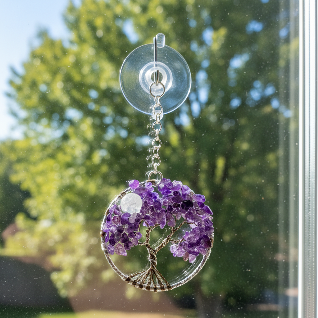 Amethyst, White Crackle Quartz & Mixed-Metal Tree of Life – 3-Inch Window/Wall Hanging
