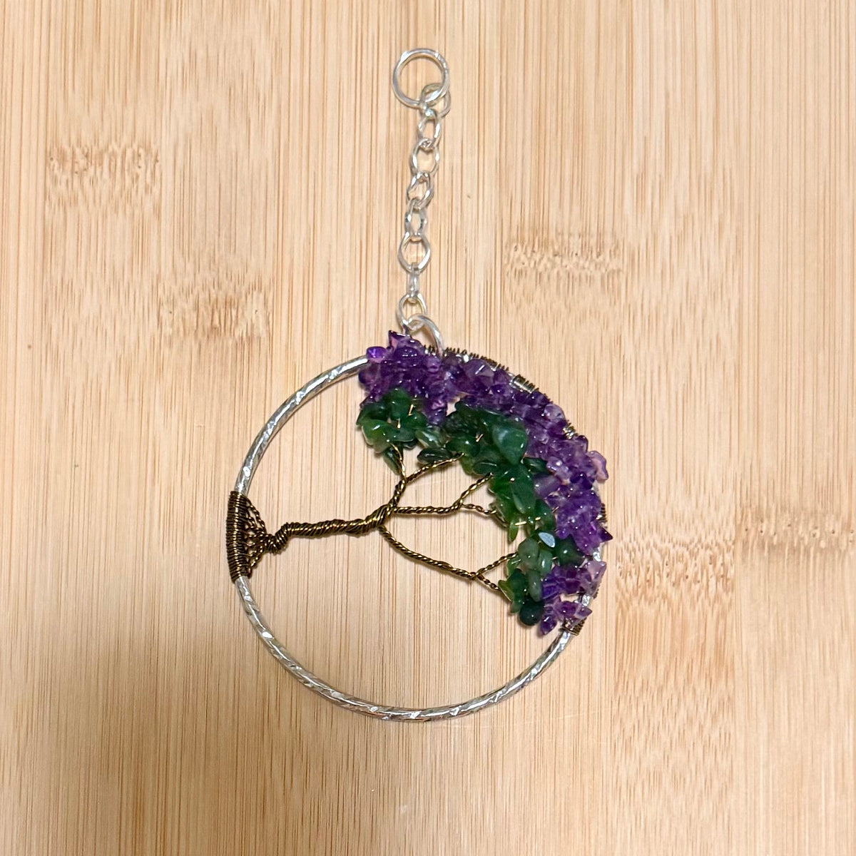 Amethyst, Jadeite & Antique Brass Tree of Life Branch – 3-Inch Window/Wall Hanging