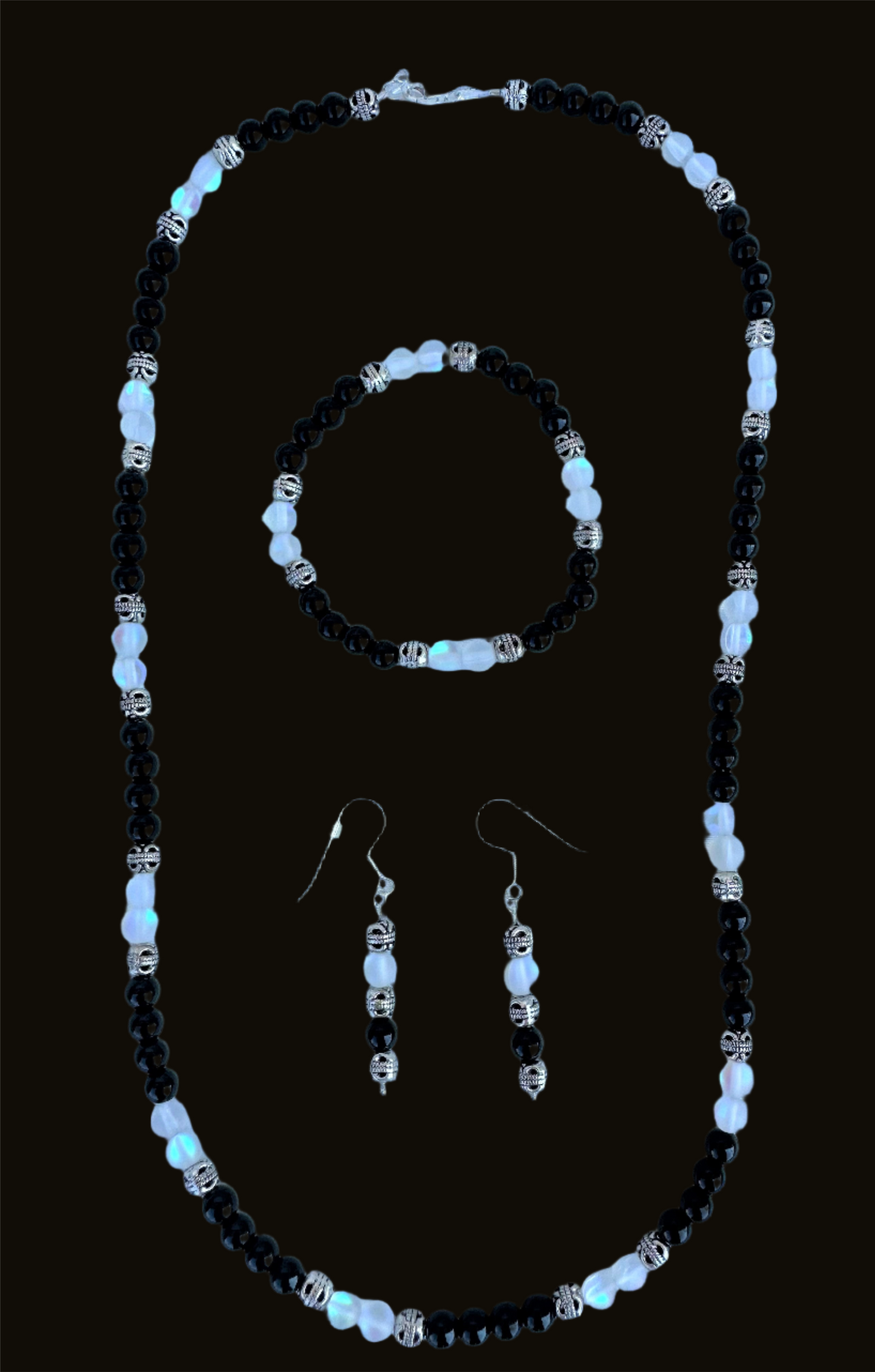 Black Jasper, White Opal and Silver Bead Jewelry Set