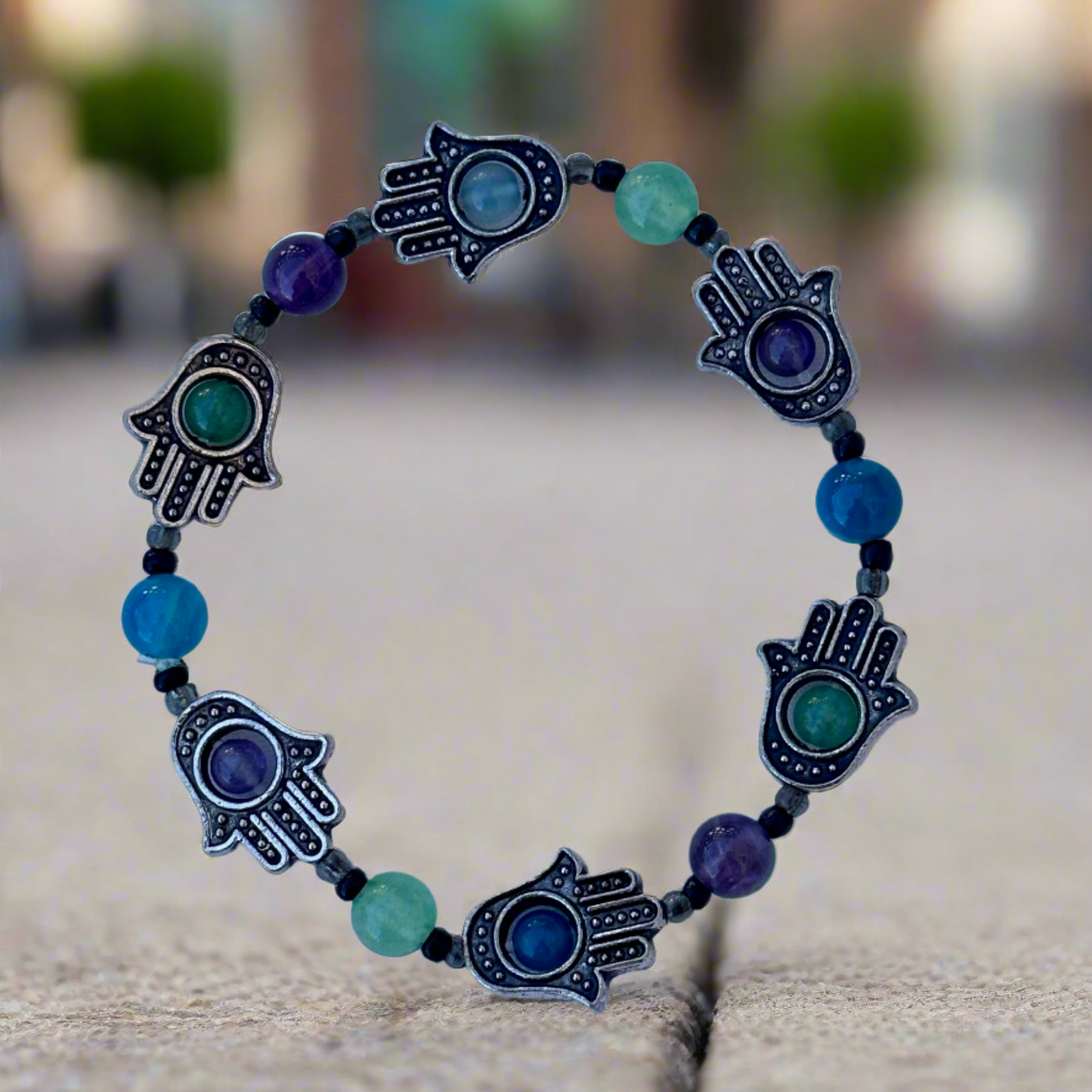 Hamsa Hand and Multi-Stone Bead Bracelet