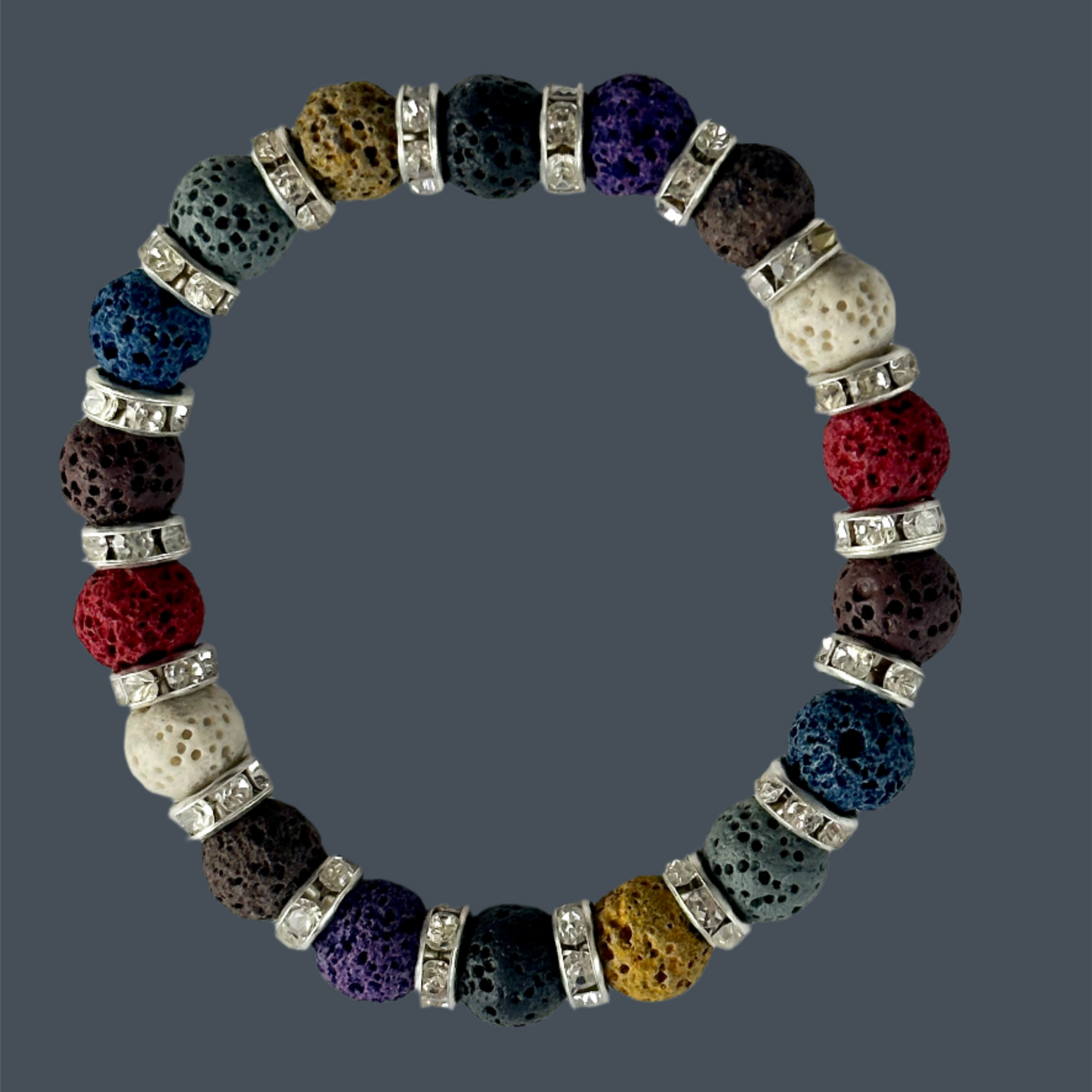 Multi-Color Lava Stone with Silver Rhinestone Accents Bracelet