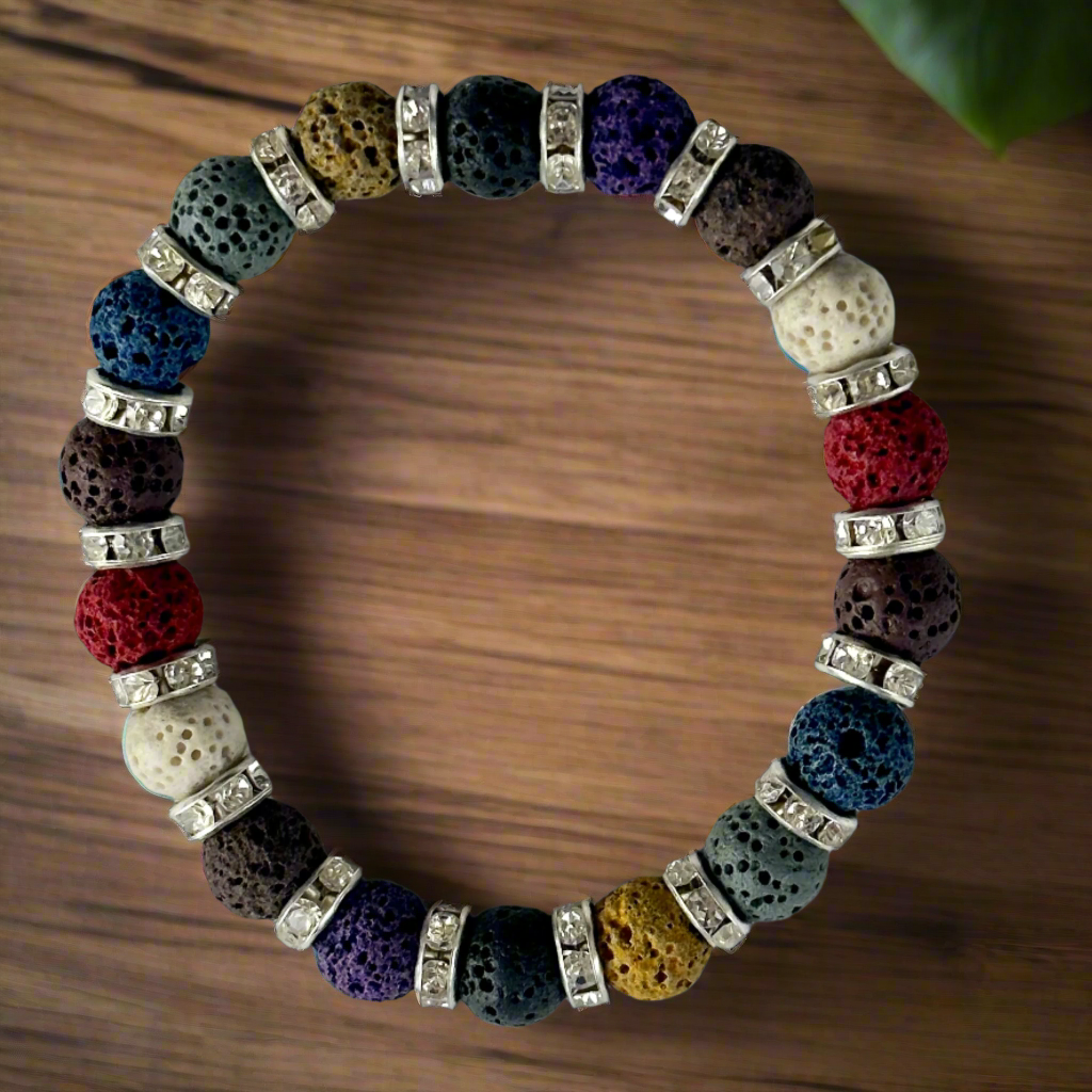 Multi-Color Lava Stone with Silver Rhinestone Accents Bracelet