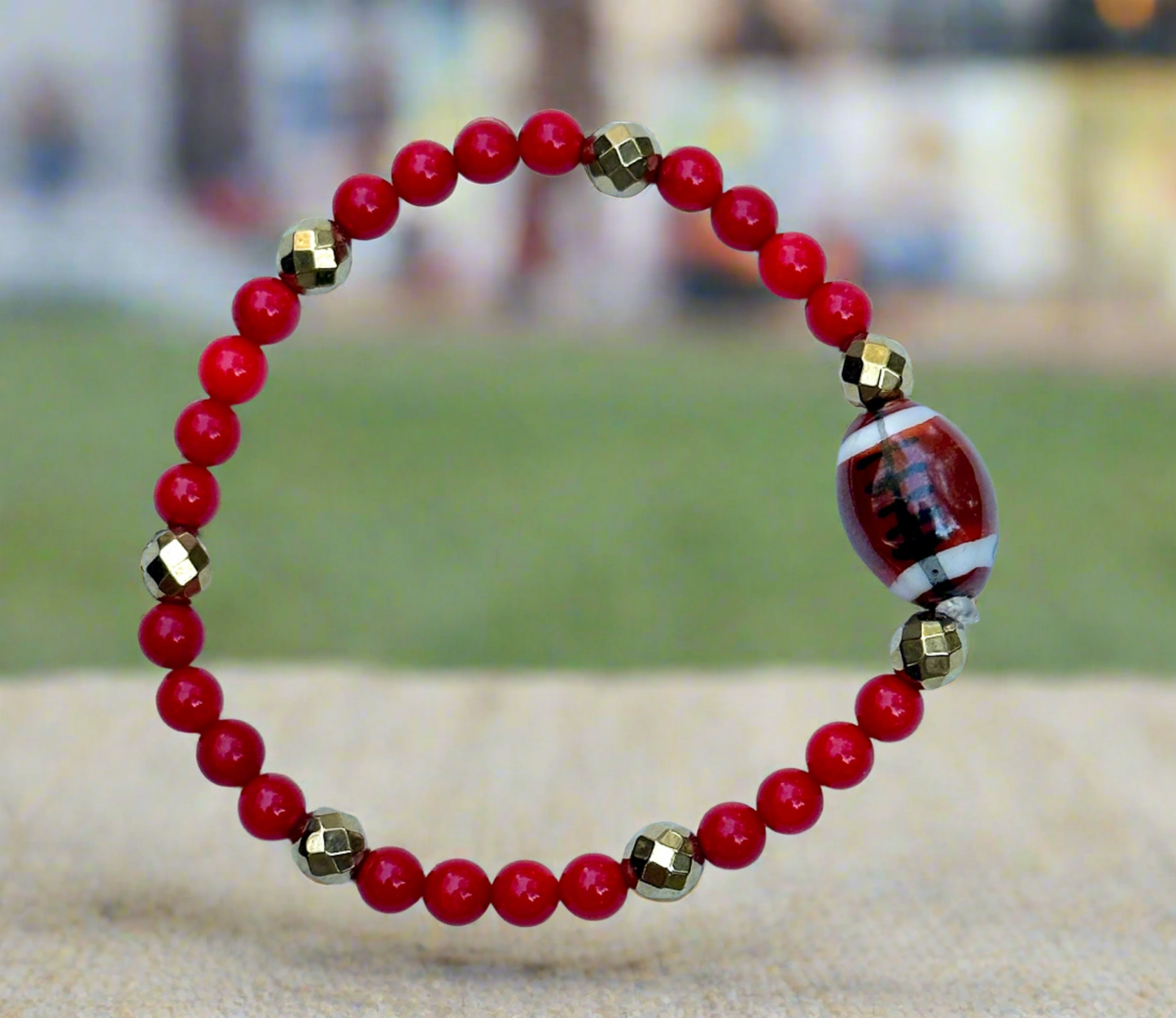 Red and Gold Football Bead Bracelet