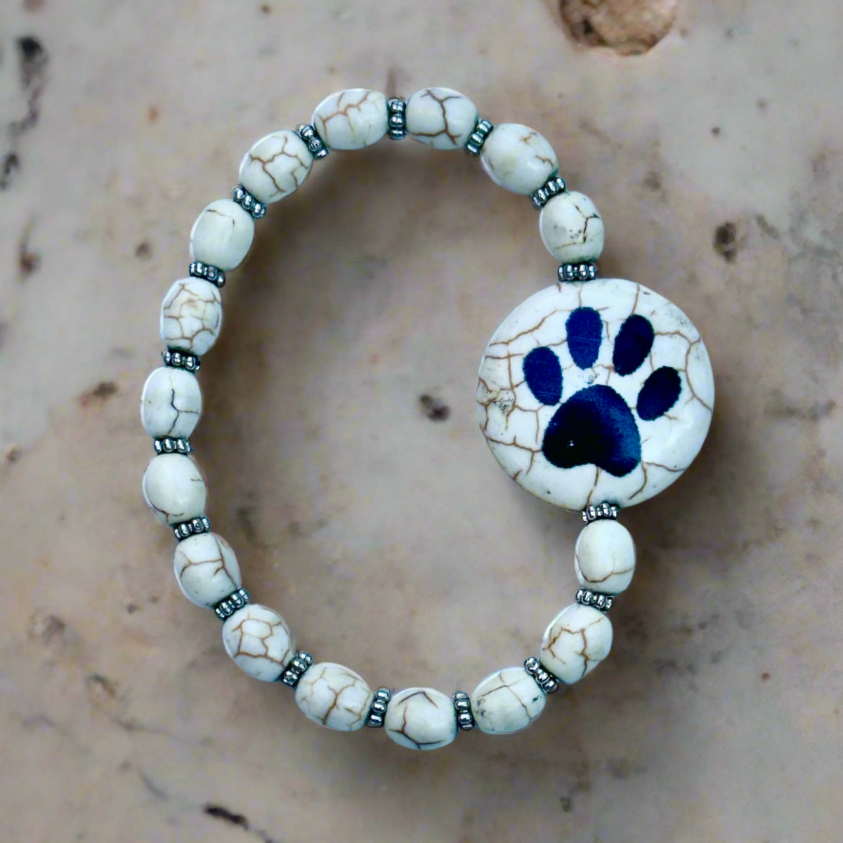 White Howlite Paw Print Bead Bracelet