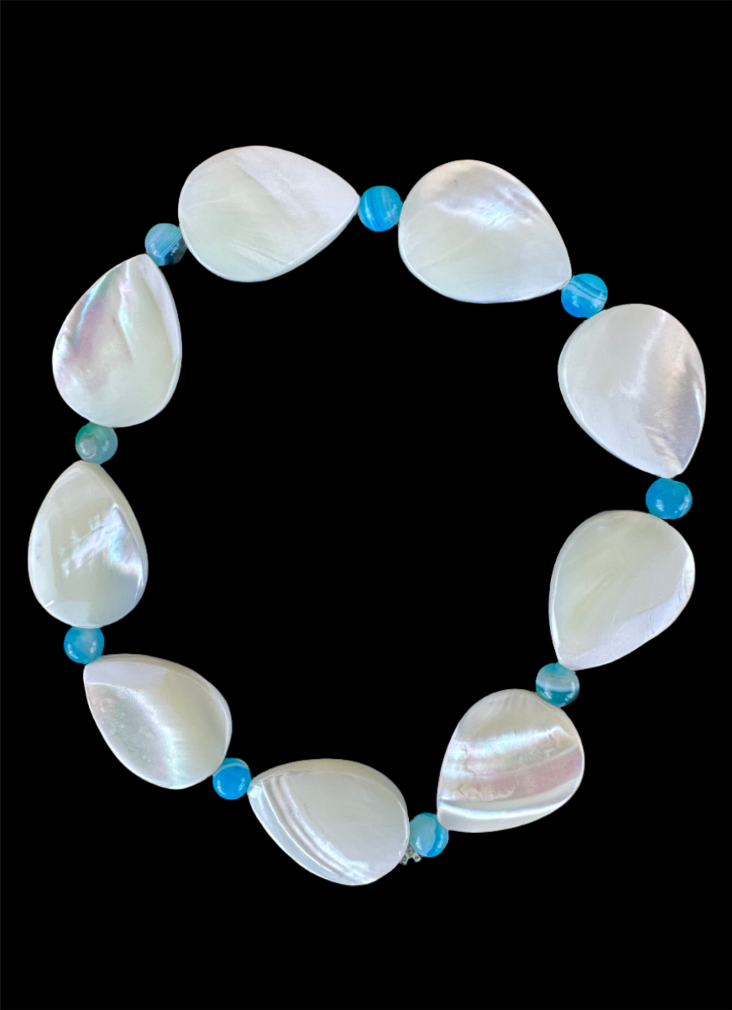White Mother of Pearl Teardrop and Striped Blue Agate Bracelet